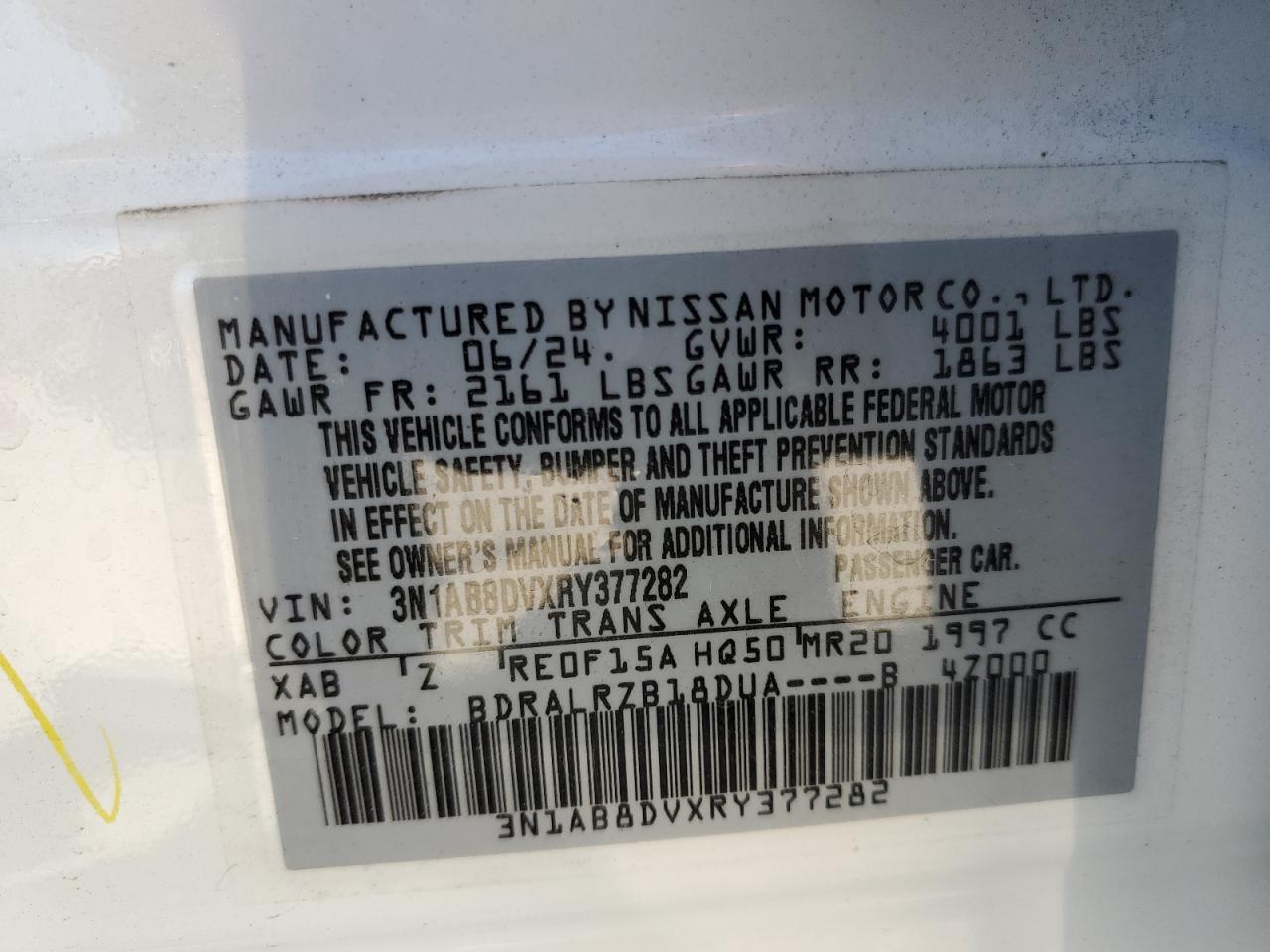 2024 NISSAN SENTRA SR VIN:3N1AB8DVXRY377282