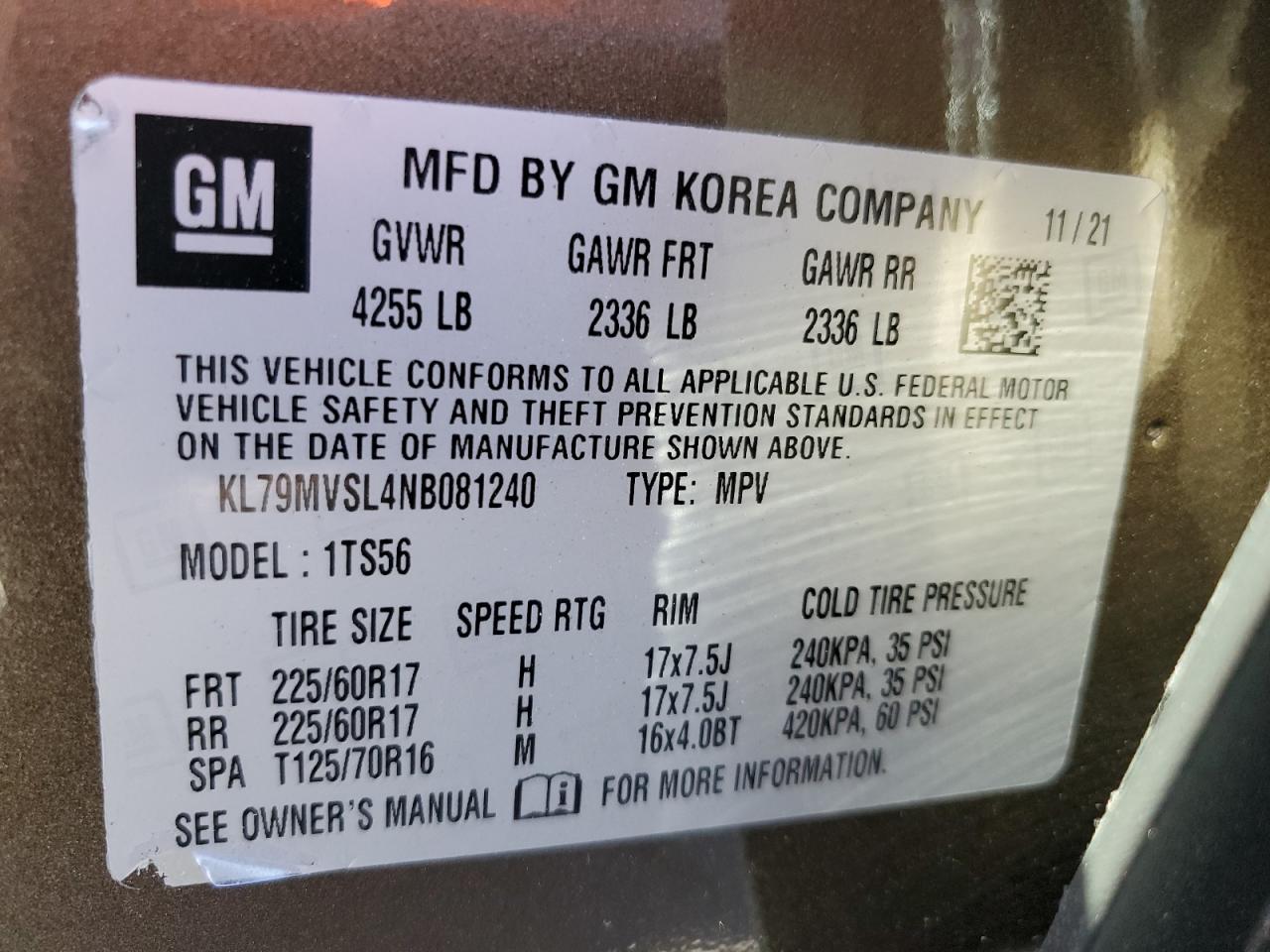 2022 CHEVROLET TRAILBLAZER ACTIV VIN:KL79MVSL4NB081240