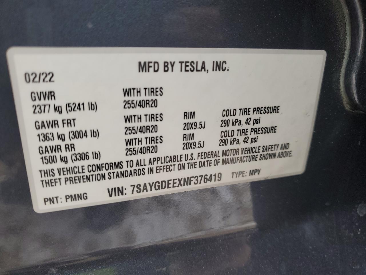 2022 TESLA MODEL Y  VIN:7SAYGDEEXNF376419
