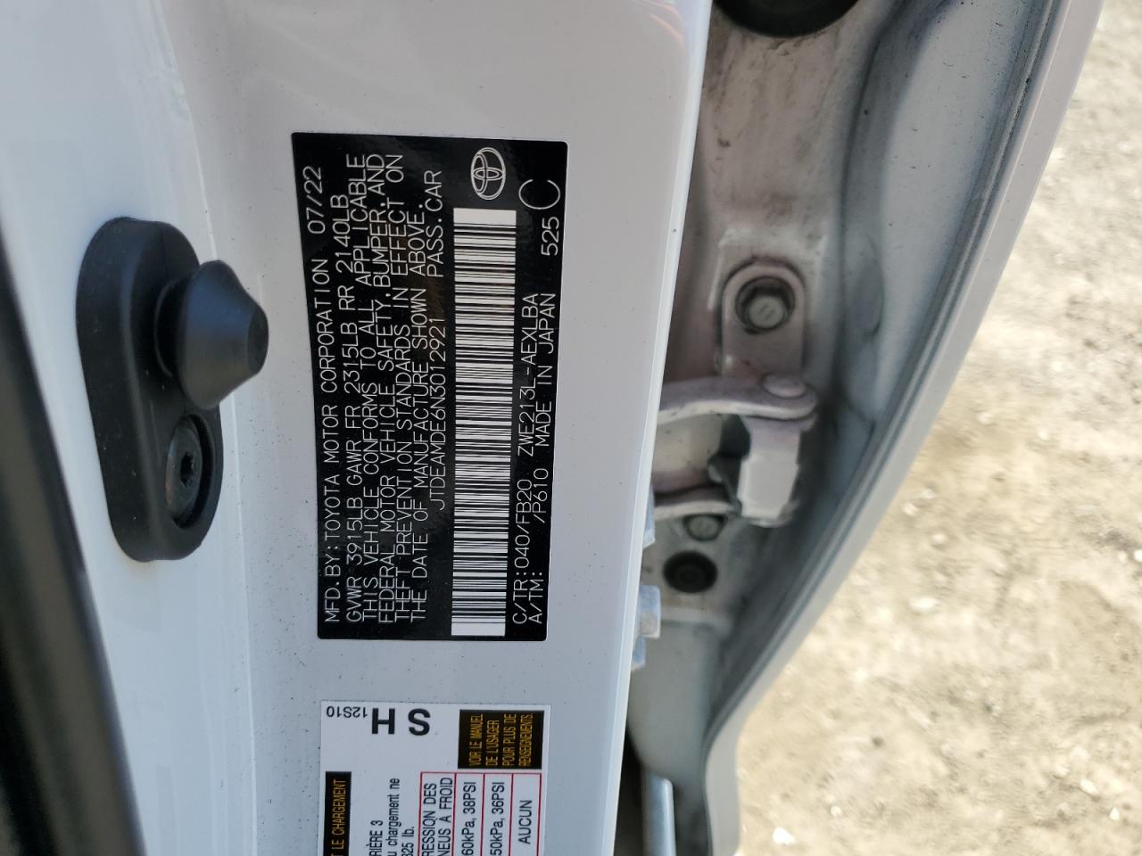 2022 TOYOTA COROLLA LE VIN:JTDEAMDE6N3012921