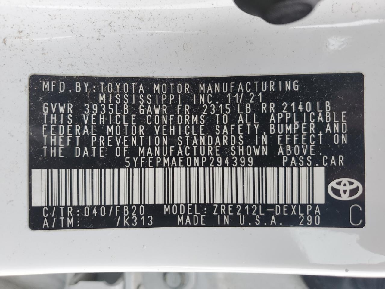 2022 TOYOTA COROLLA LE VIN:5YFEPMAE0NP294399