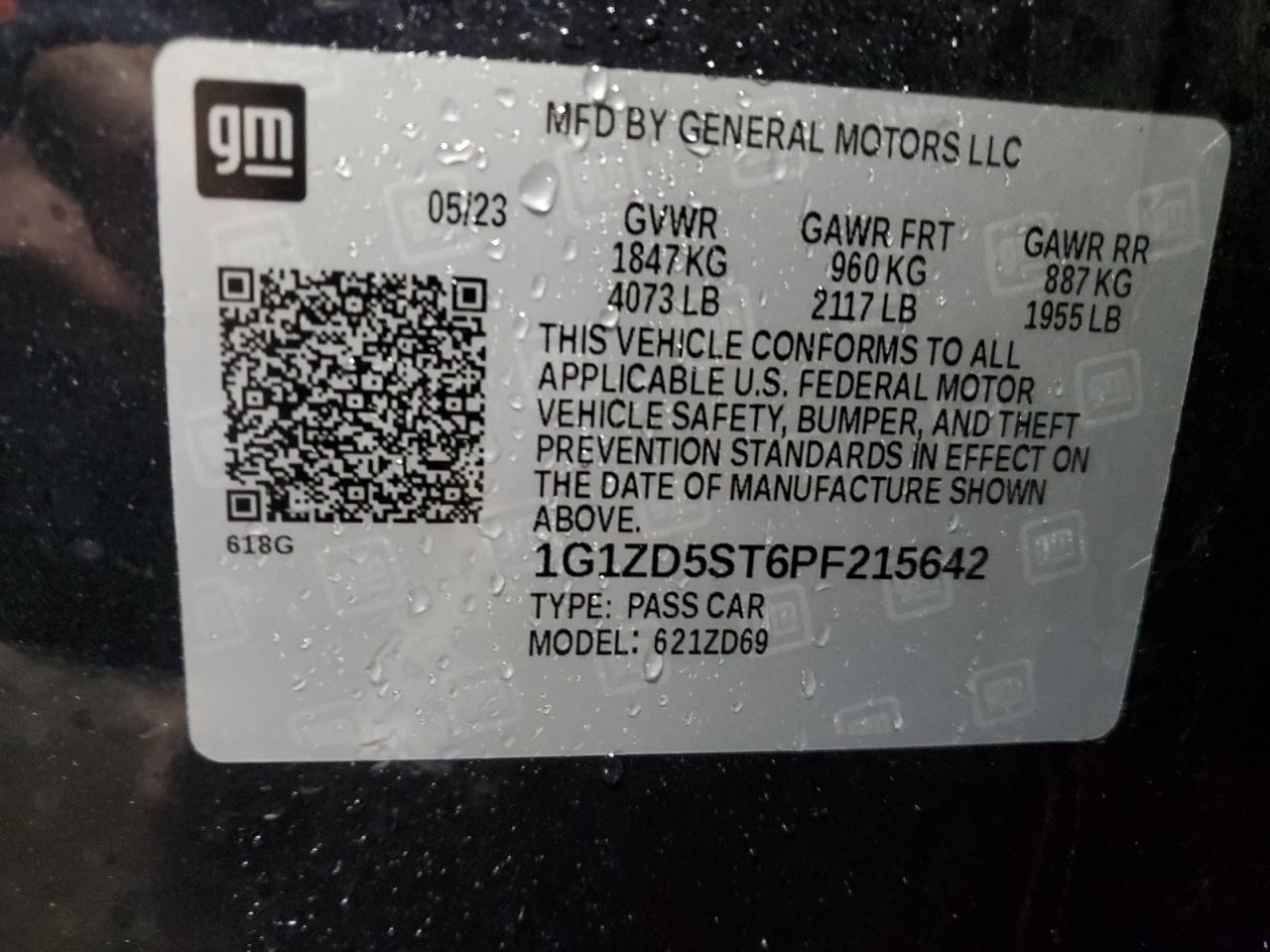 2023 CHEVROLET MALIBU LT VIN:1G1ZD5ST6PF215642