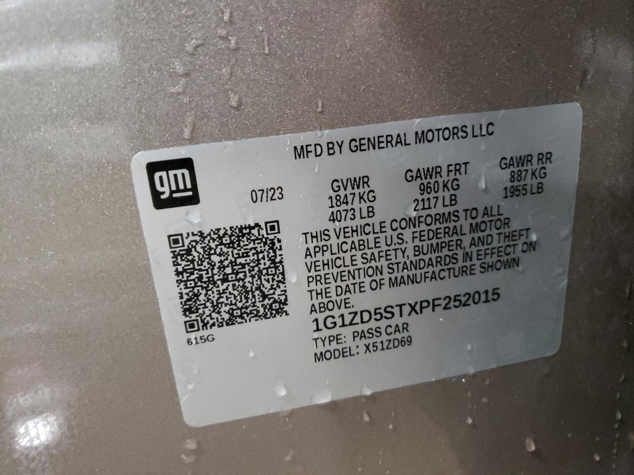 2023 CHEVROLET MALIBU LT VIN:1G1ZD5STXPF252015