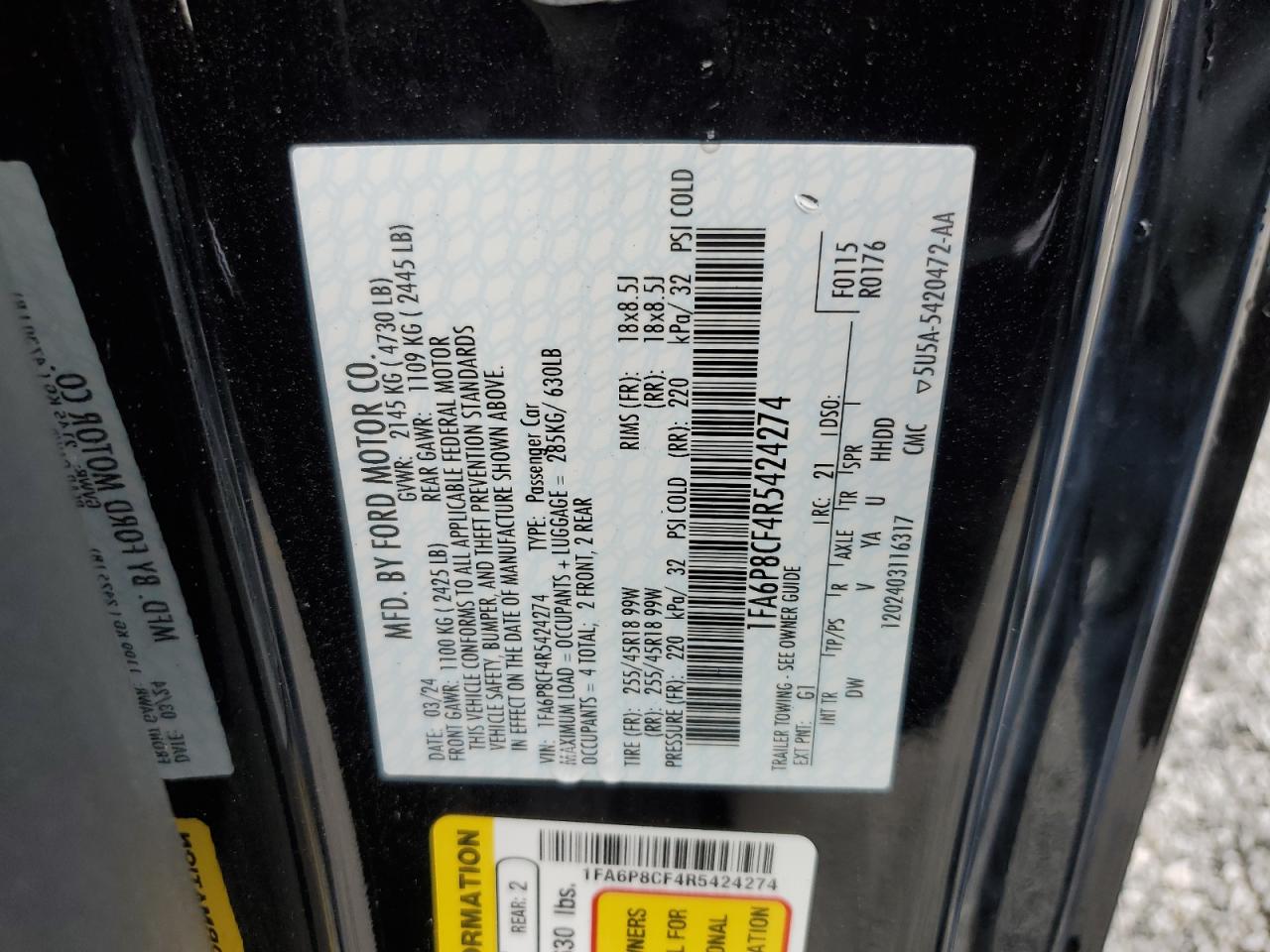 2024 FORD MUSTANG GT VIN:1FA6P8CF4R5424274