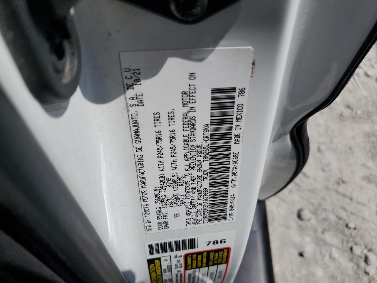 2022 TOYOTA TACOMA ACCESS CAB VIN:3TYRX5GN2NT037609