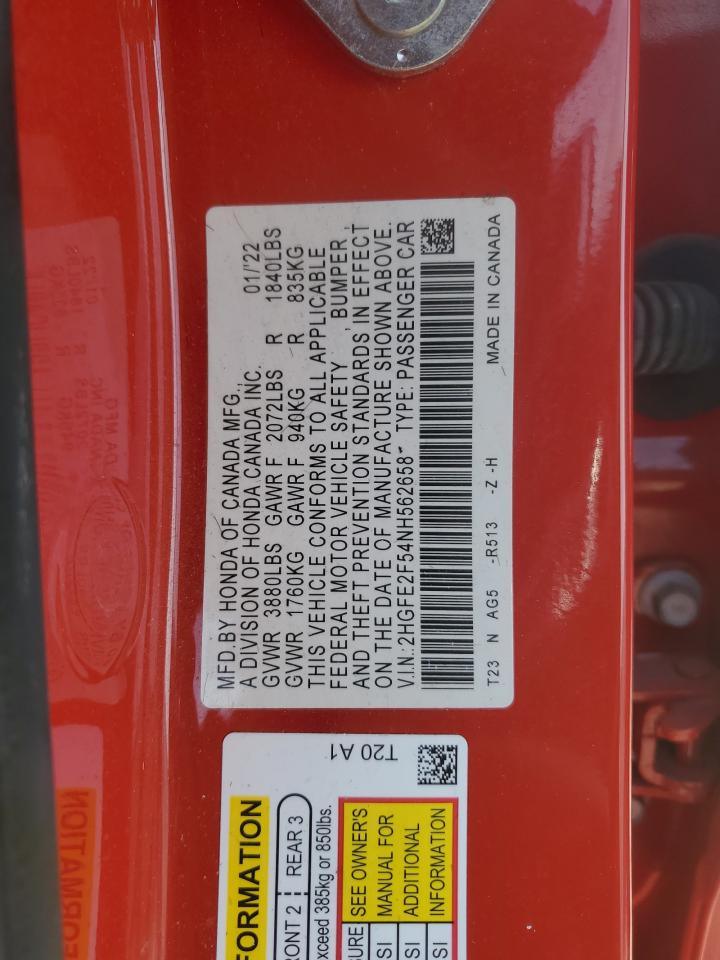 2022 HONDA CIVIC SPORT VIN:2HGFE2F54NH562658