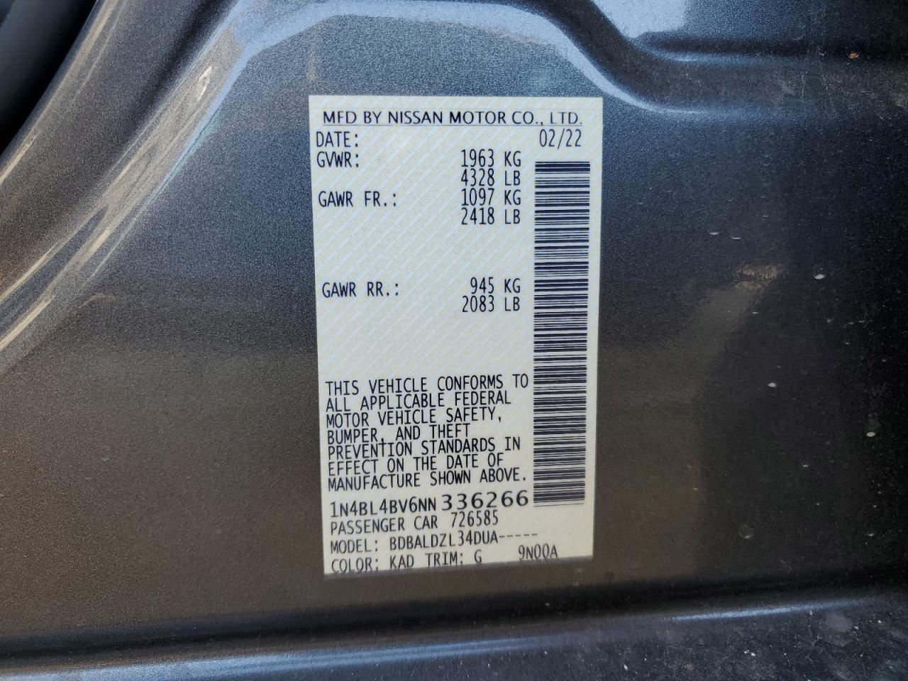 2022 NISSAN ALTIMA S VIN:1N4BL4BV6NN336266