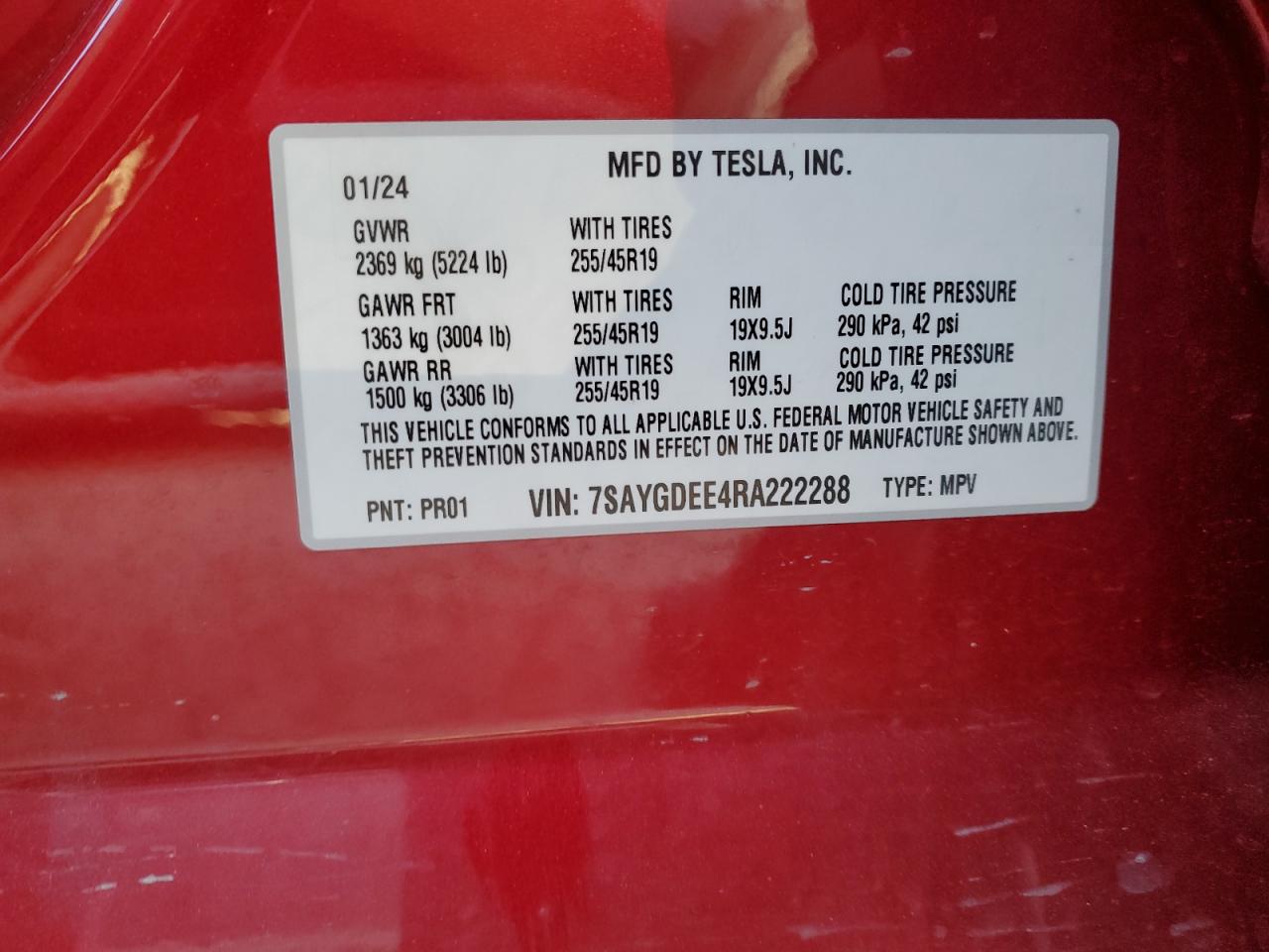 2024 TESLA MODEL Y  VIN:7SAYGDEE4RA222288
