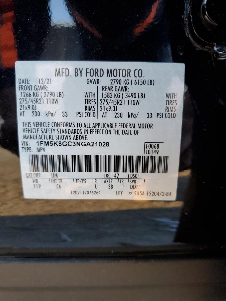 2022 FORD EXPLORER ST VIN:1FM5K8GC3NGA21028