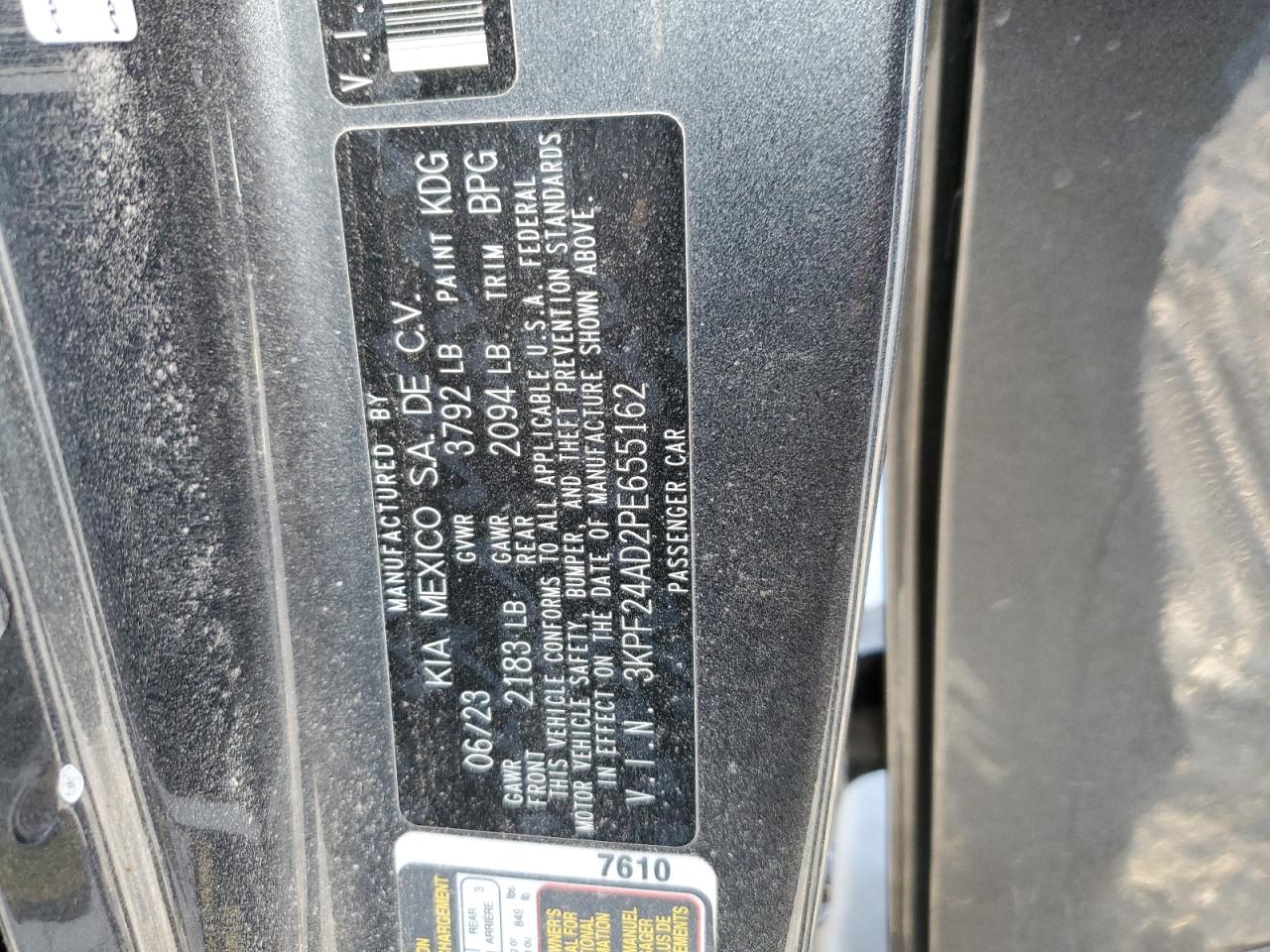 2023 KIA FORTE LX VIN:3KPF24AD2PE655162