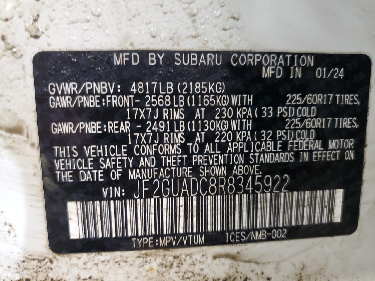 2024 SUBARU CROSSTREK PREMIUM VIN:JF2GUADC8R8345922