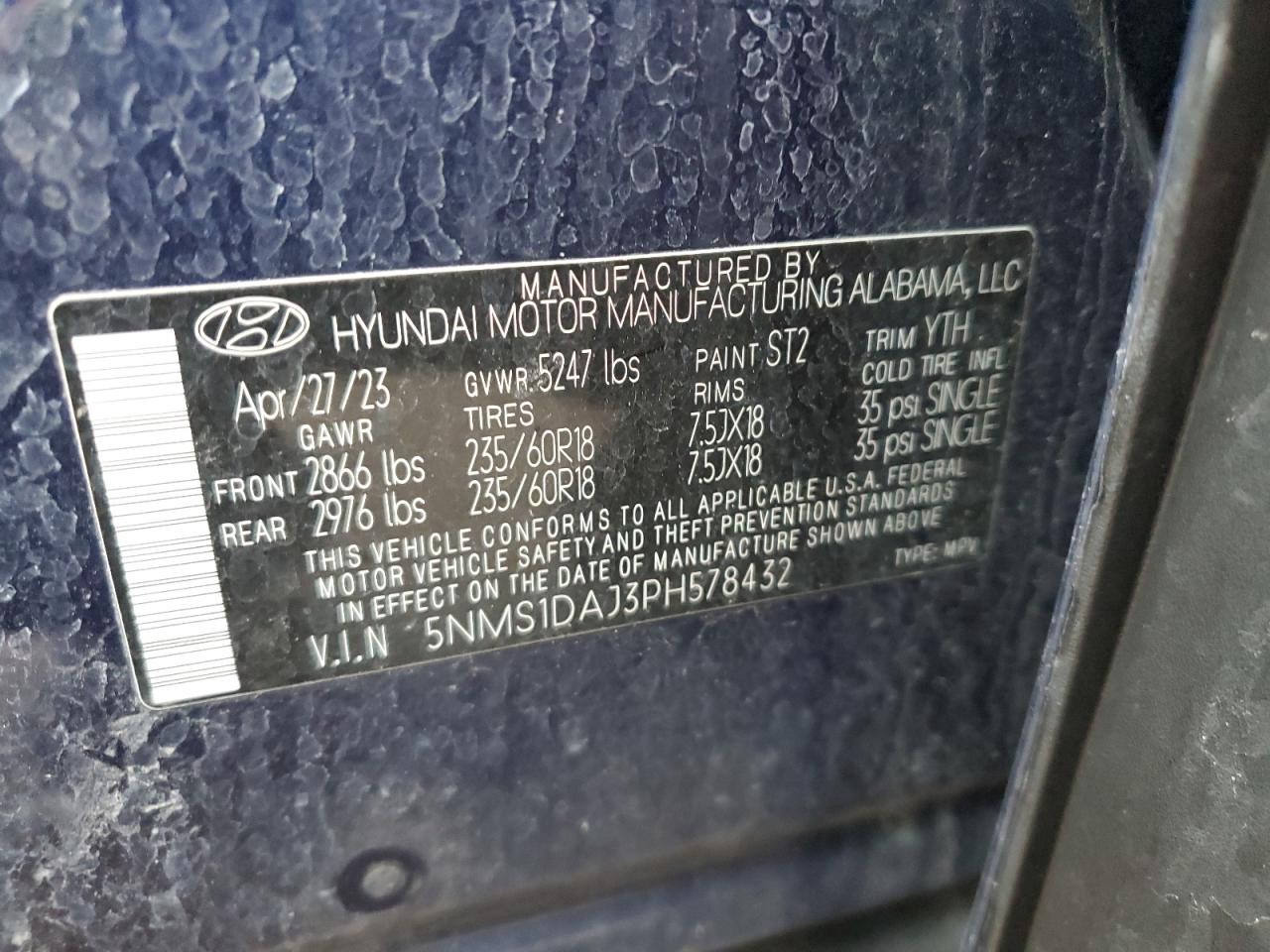 2023 HYUNDAI SANTA FE SE VIN:5NMS1DAJ3PH578432