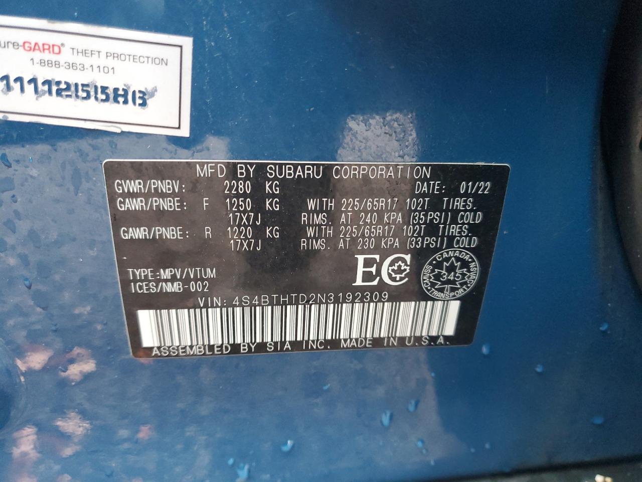 2022 SUBARU OUTBACK WILDERNESS VIN:4S4BTHTD2N3192309