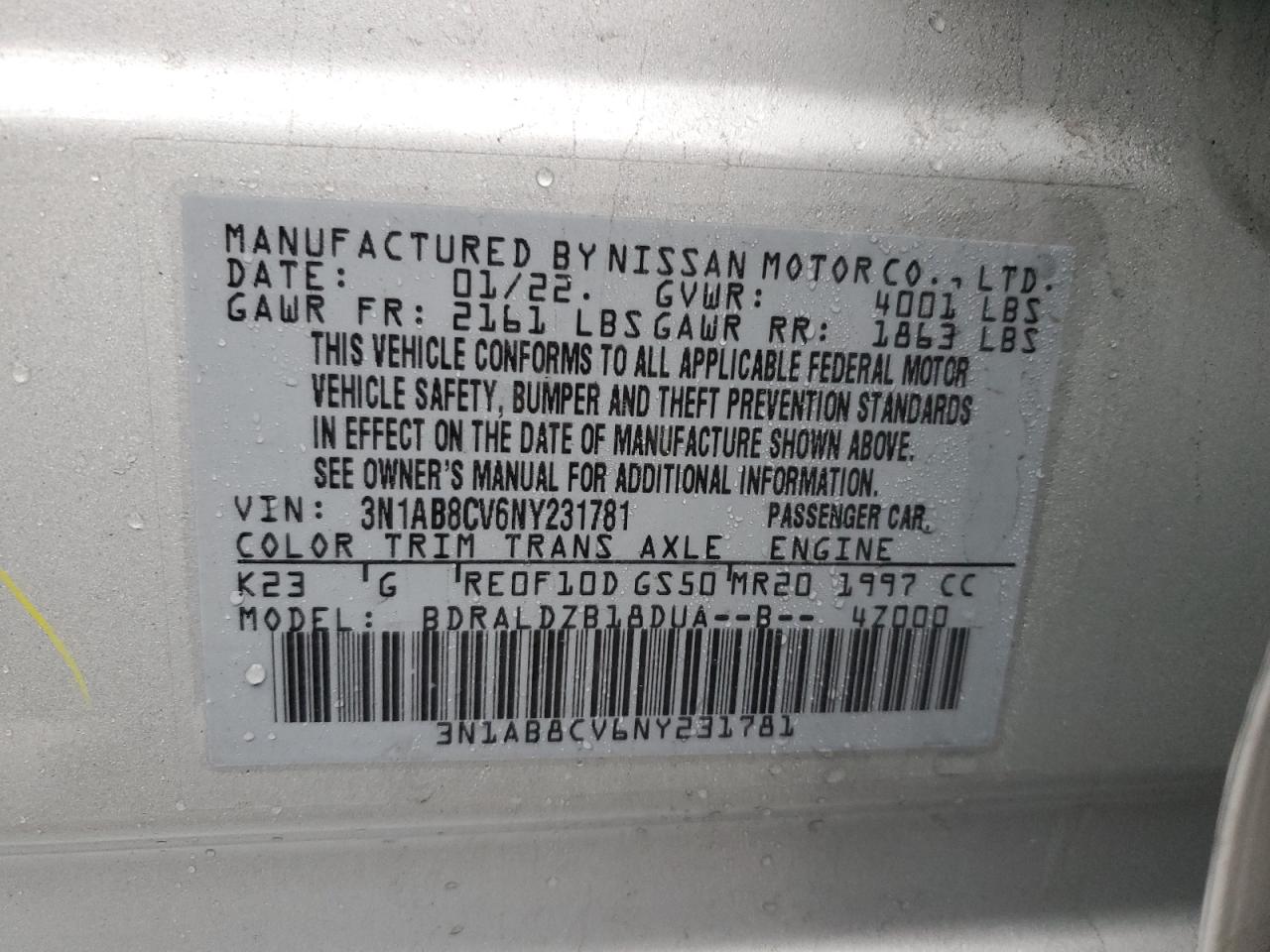 2022 NISSAN SENTRA SV VIN:3N1AB8CV6NY231781