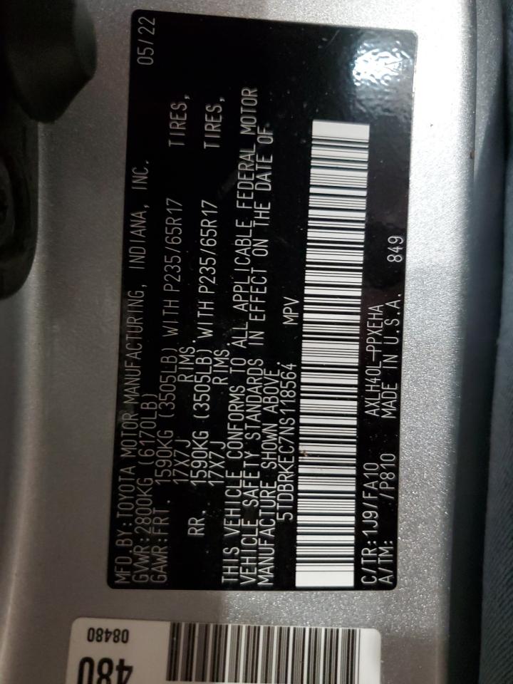 2022 TOYOTA SIENNA LE VIN:5TDBRKEC7NS118564