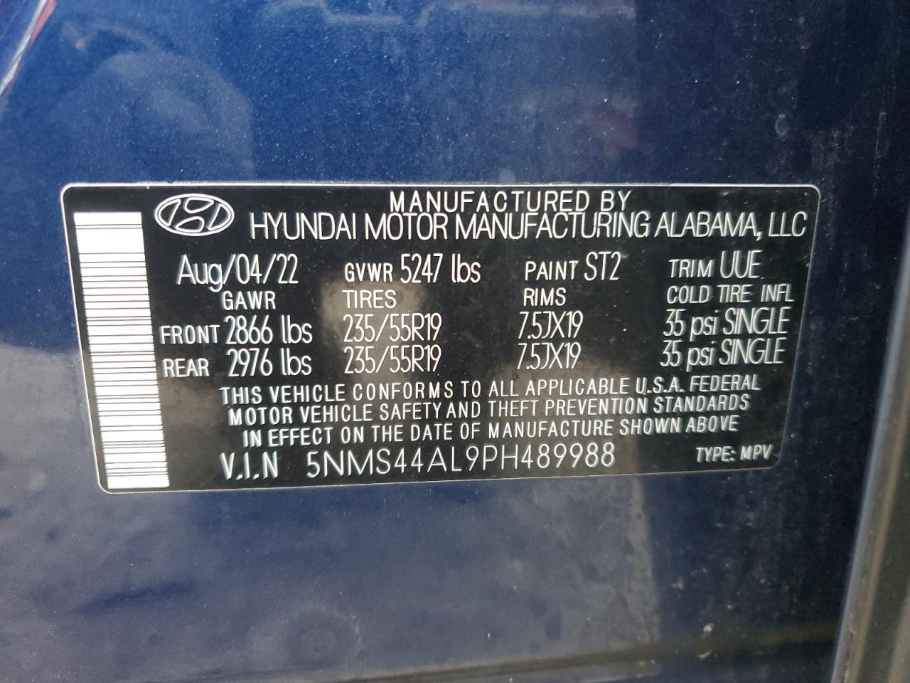 2023 HYUNDAI SANTA FE LIMITED VIN:5NMS44AL9PH489988