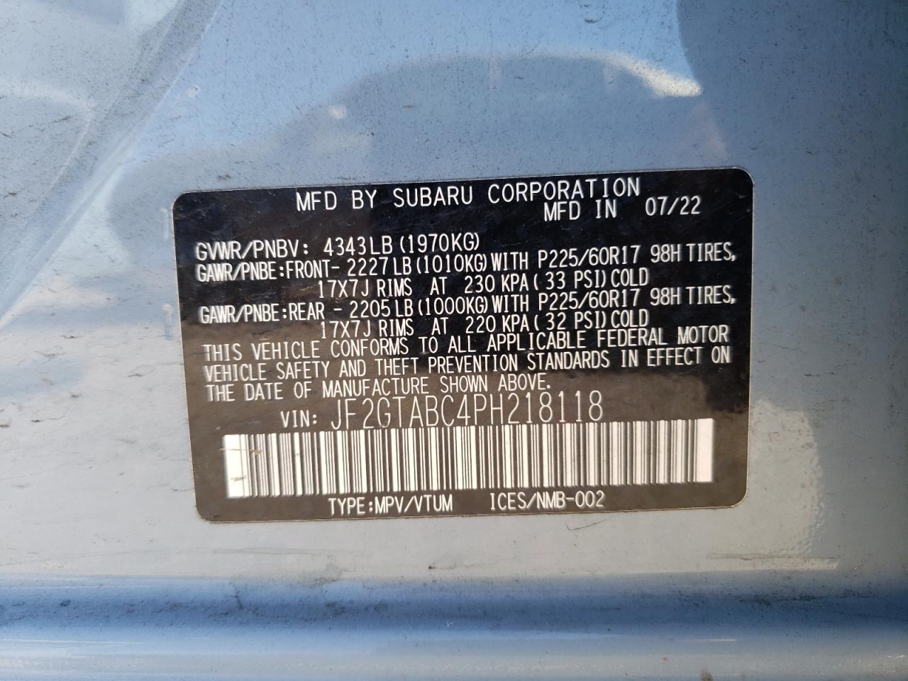 2023 SUBARU CROSSTREK  VIN:JF2GTABC4PH218118