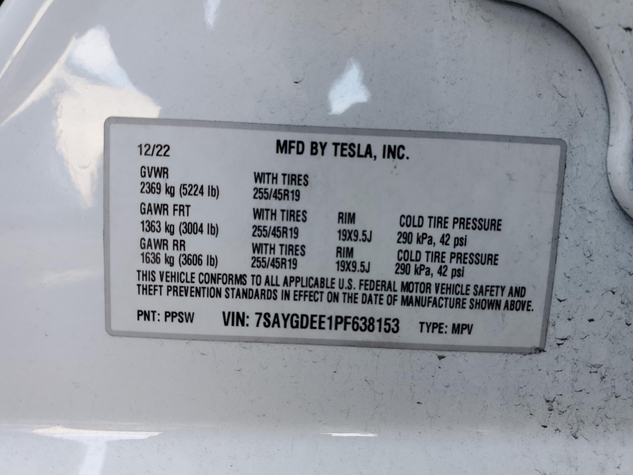 2023 TESLA MODEL Y  VIN:7SAYGDEE1PF638153
