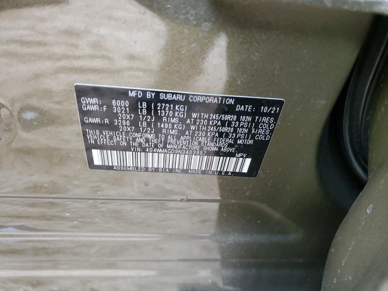 2022 SUBARU ASCENT ONYX EDITION VIN:4S4WMAGD9N3403957