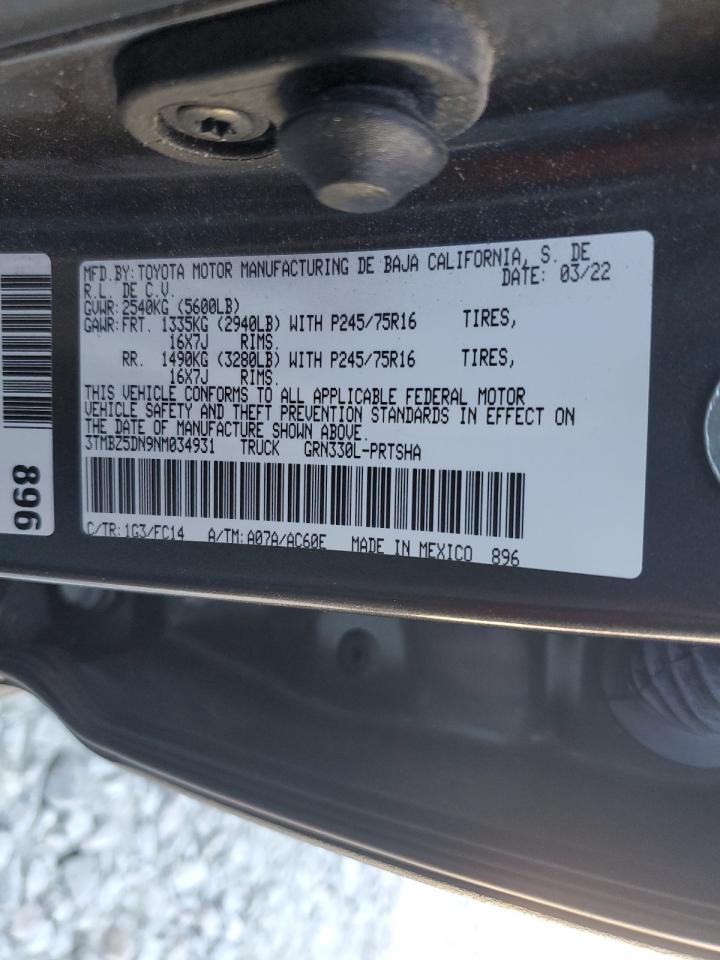 2022 TOYOTA TACOMA DOUBLE CAB VIN:3TMBZ5DN9NM034931