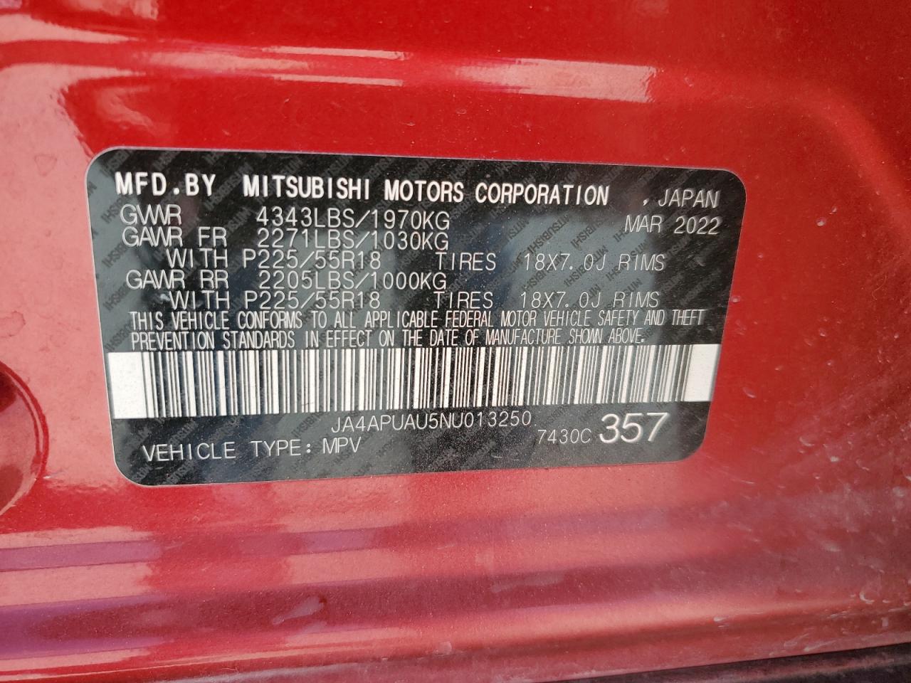 2022 MITSUBISHI OUTLANDER SPORT ES VIN:JA4APUAU5NU013250