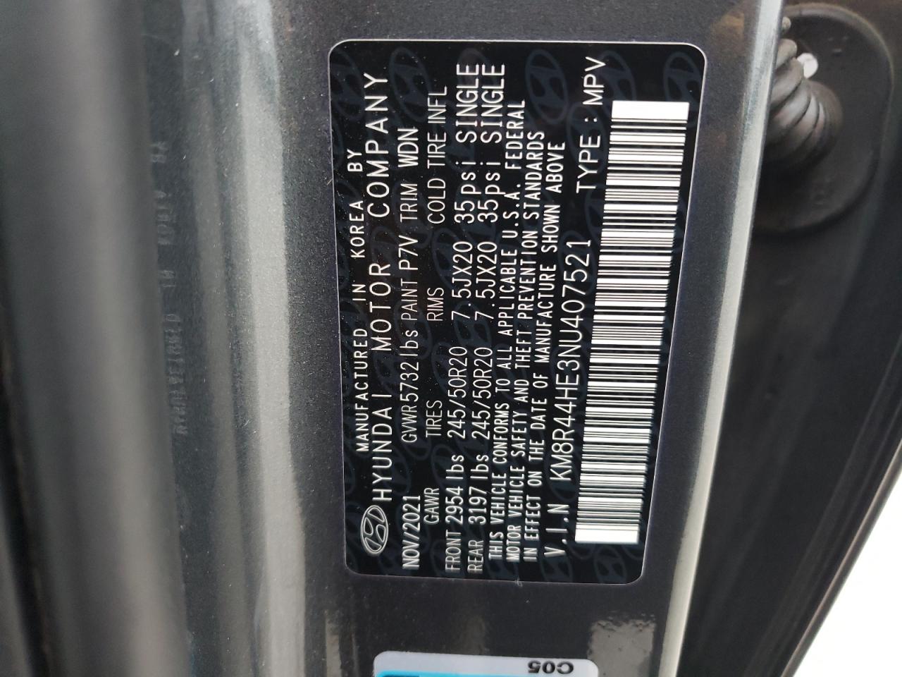 2022 HYUNDAI PALISADE SEL VIN:KM8R44HE3NU407521