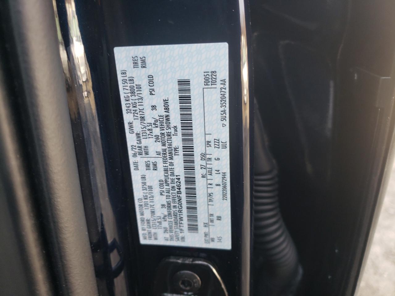 2022 FORD F150 RAPTOR VIN:1FTFW1RG0NFB46241