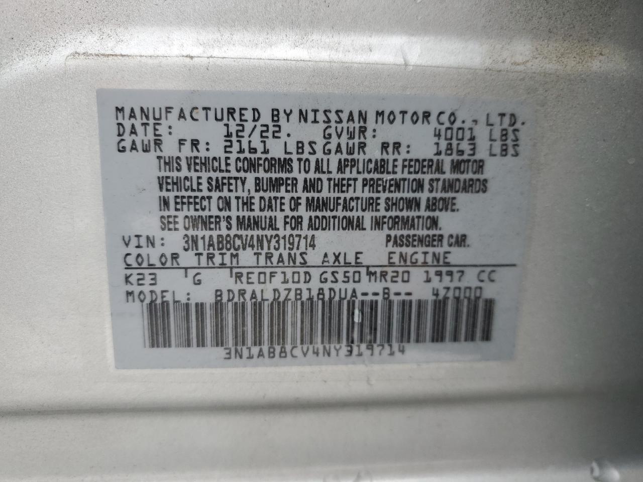 2022 NISSAN SENTRA SV VIN:3N1AB8CV4NY319714