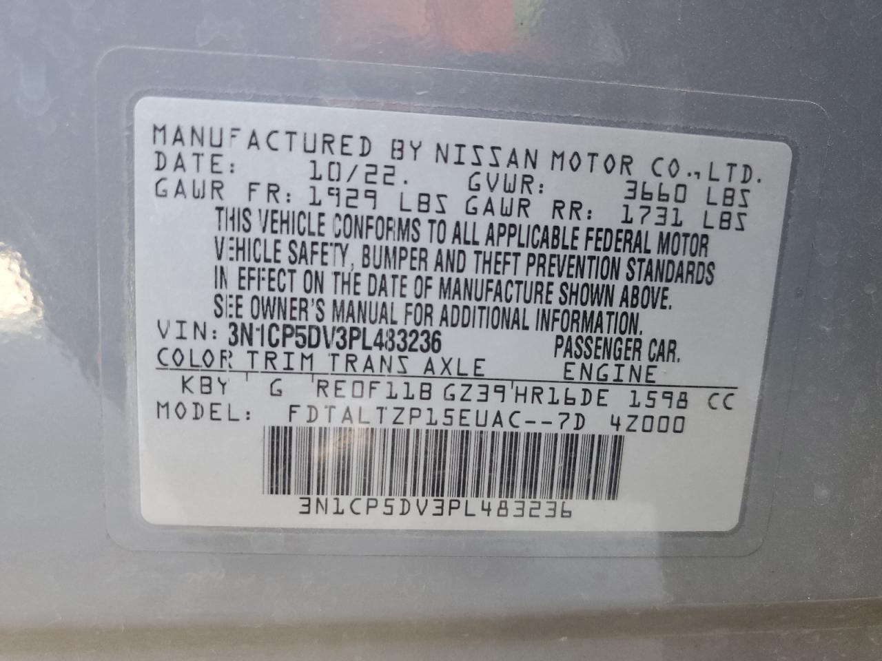 2023 NISSAN KICKS SR VIN:3N1CP5DV3PL483236