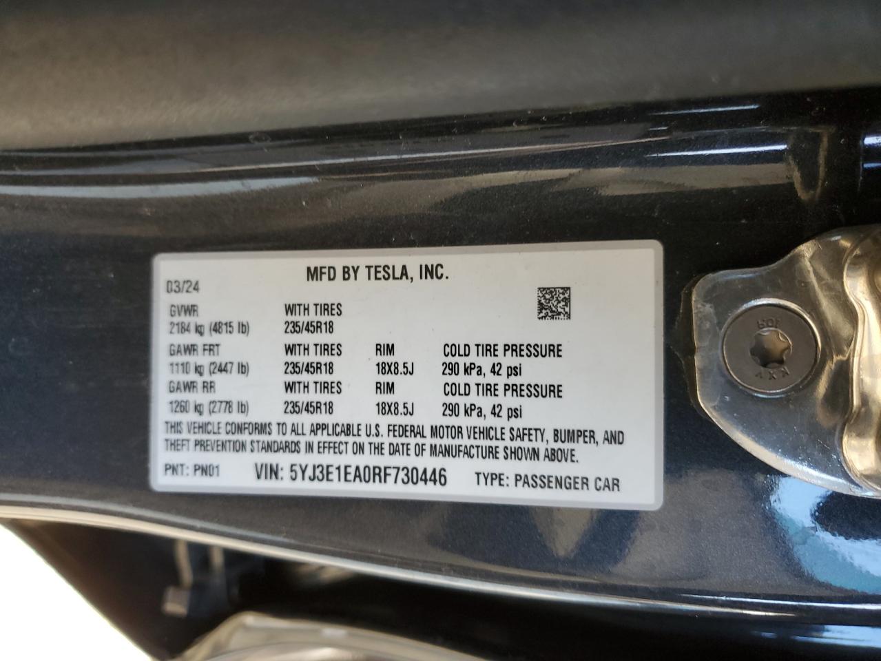 2024 TESLA MODEL 3  VIN:5YJ3E1EA0RF730446