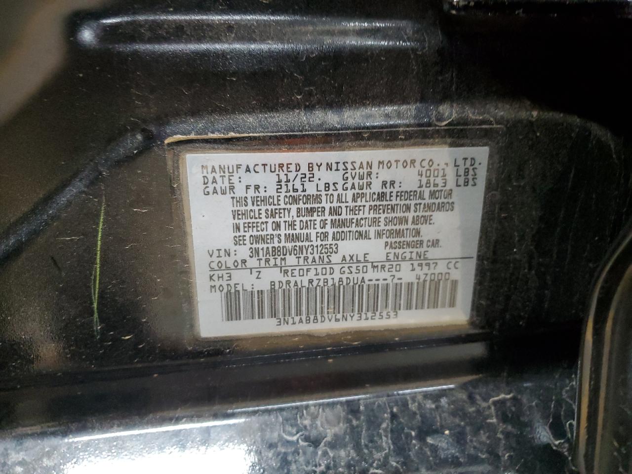 2022 NISSAN SENTRA SR VIN:3N1AB8DV6NY312553