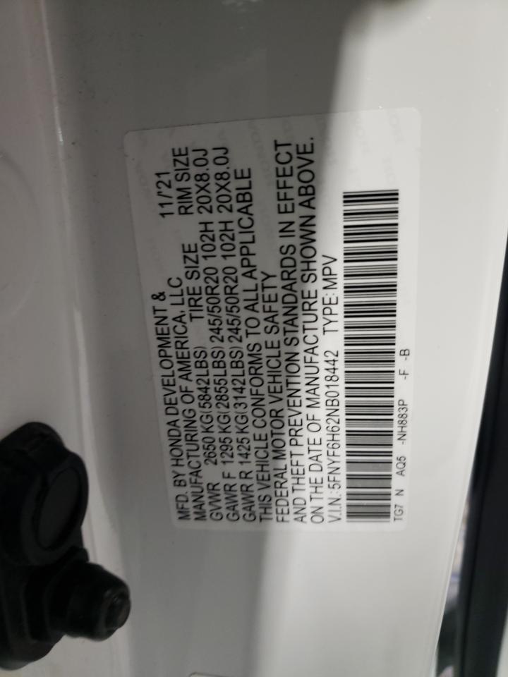 2022 HONDA PILOT TOURING VIN:5FNYF6H62NB018442