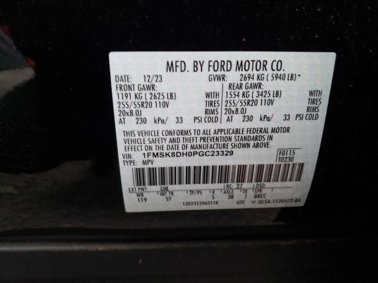 2023 FORD EXPLORER XLT VIN:1FMSK8DH0PGC23329
