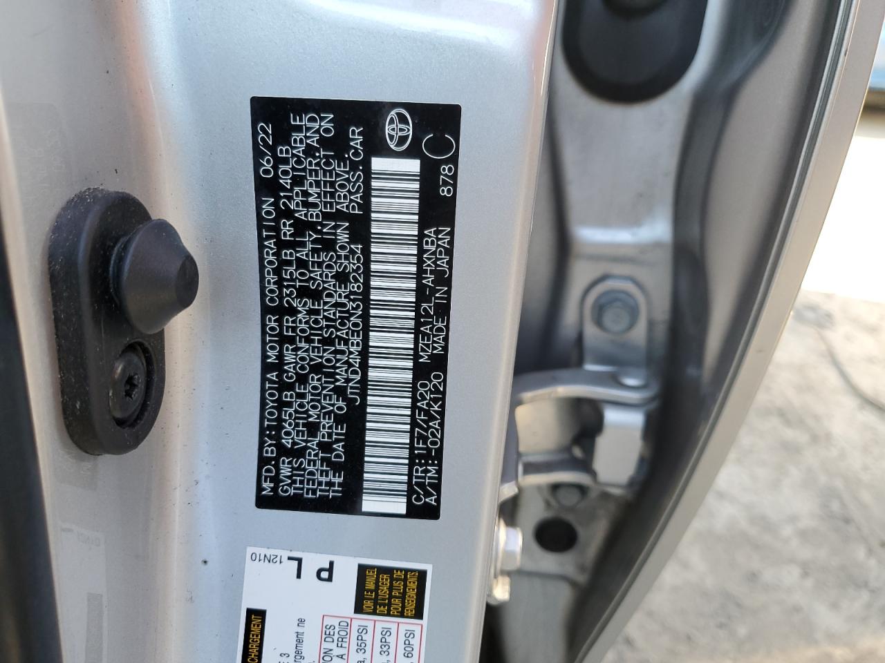 2022 TOYOTA COROLLA SE VIN:JTND4MBE0N3182354