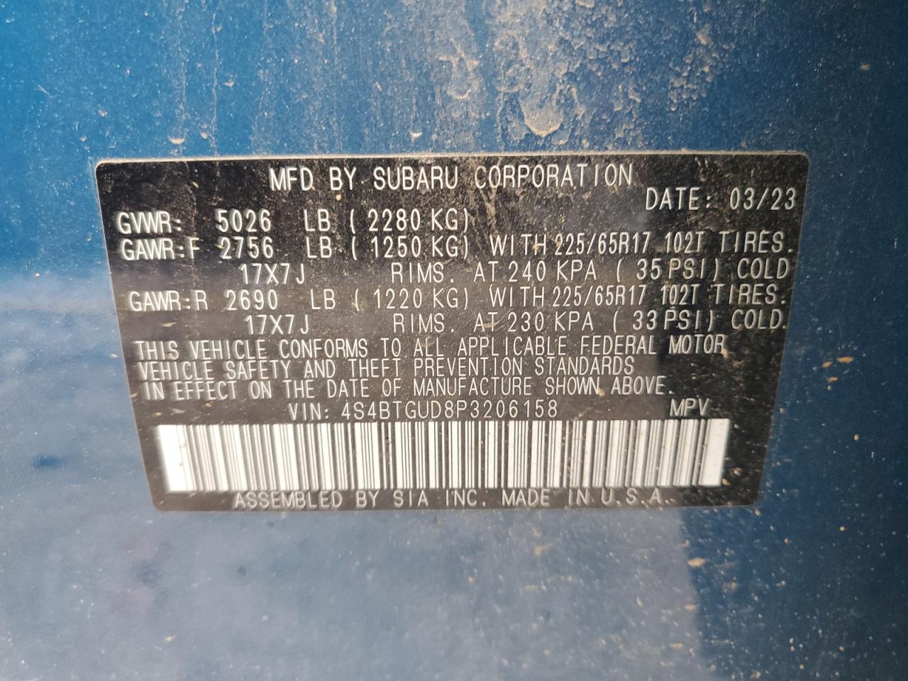 2023 SUBARU OUTBACK WILDERNESS VIN:4S4BTGUD8P3206158