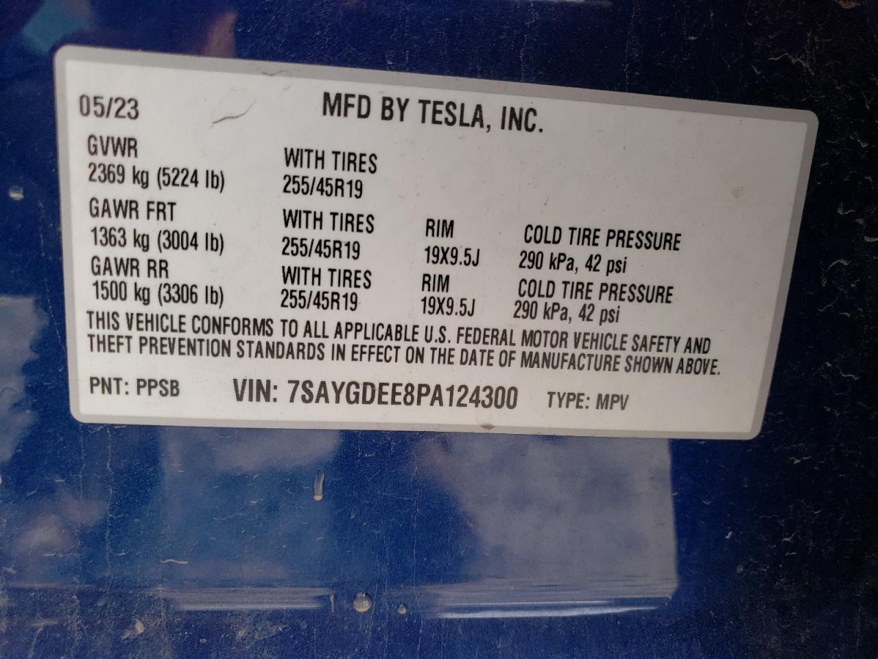 2023 TESLA MODEL Y  VIN:7SAYGDEE8PA124300
