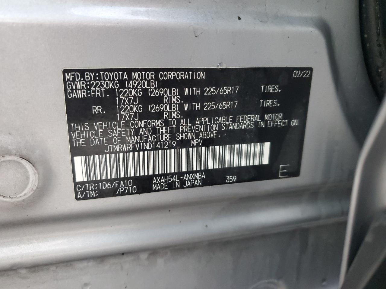 2022 TOYOTA RAV4 XLE VIN:JTMRWRFV1ND141219