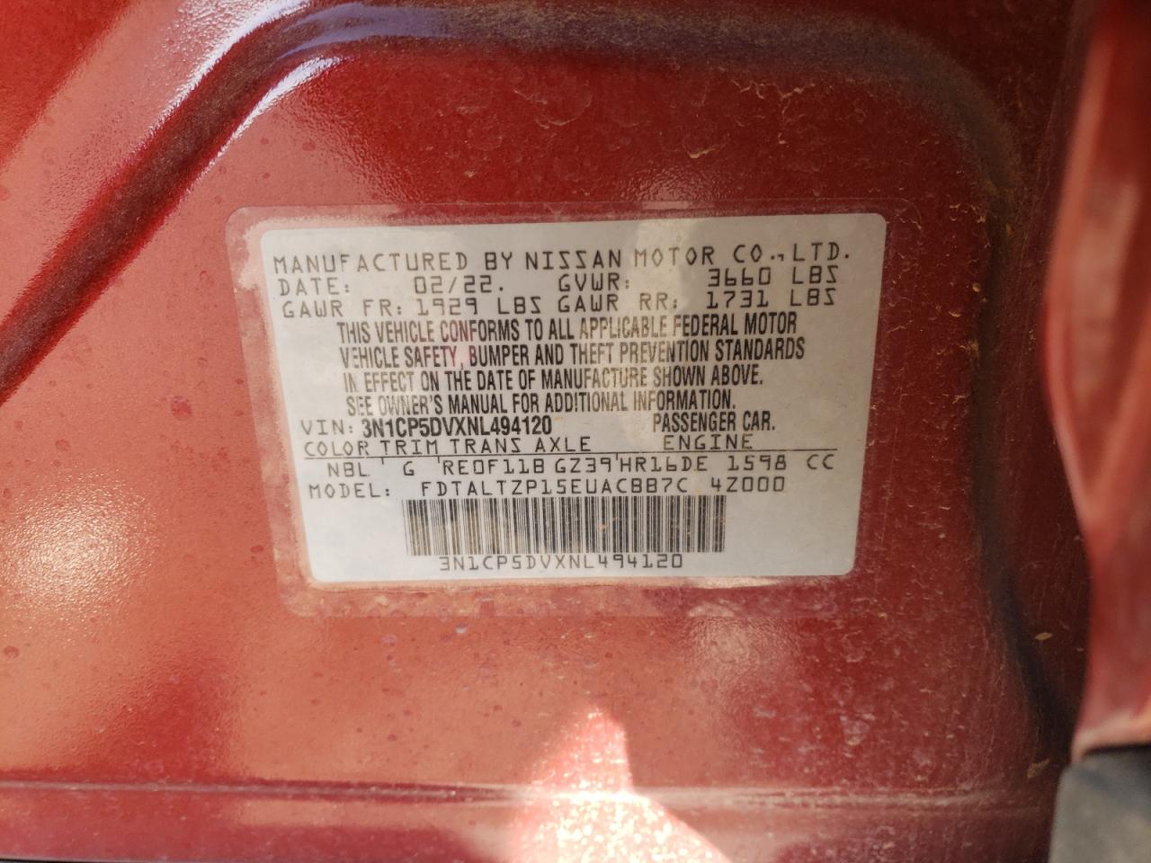 2022 NISSAN KICKS SR VIN:3N1CP5DVXNL494120