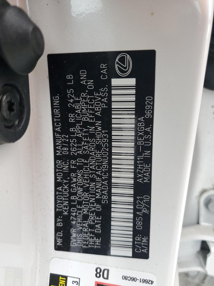 2022 LEXUS ES 300H BASE VIN:58ADA1C19NU025931