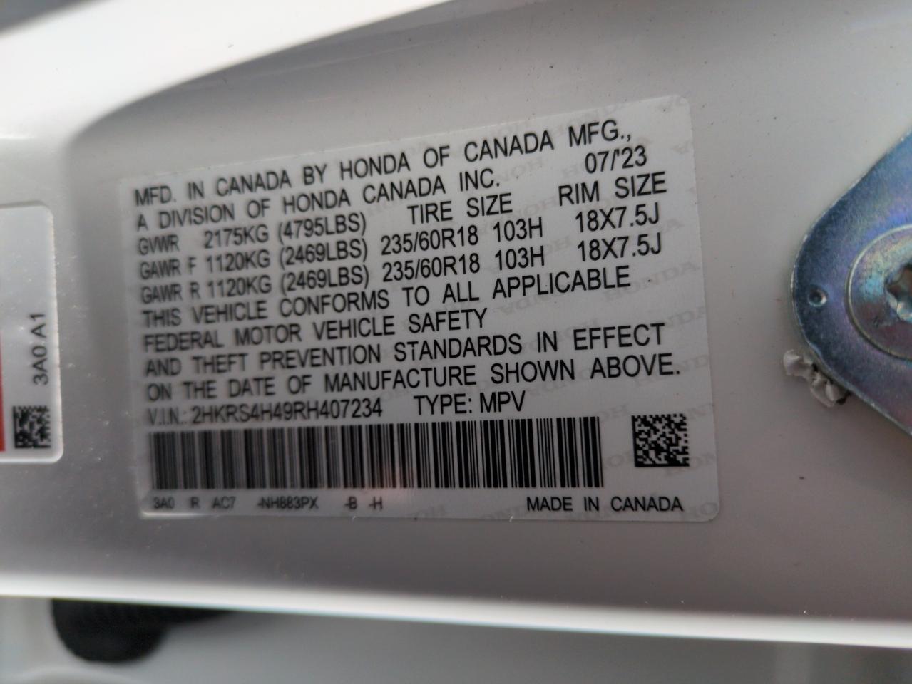 2024 HONDA CR-V EX VIN:2HKRS4H49RH407234