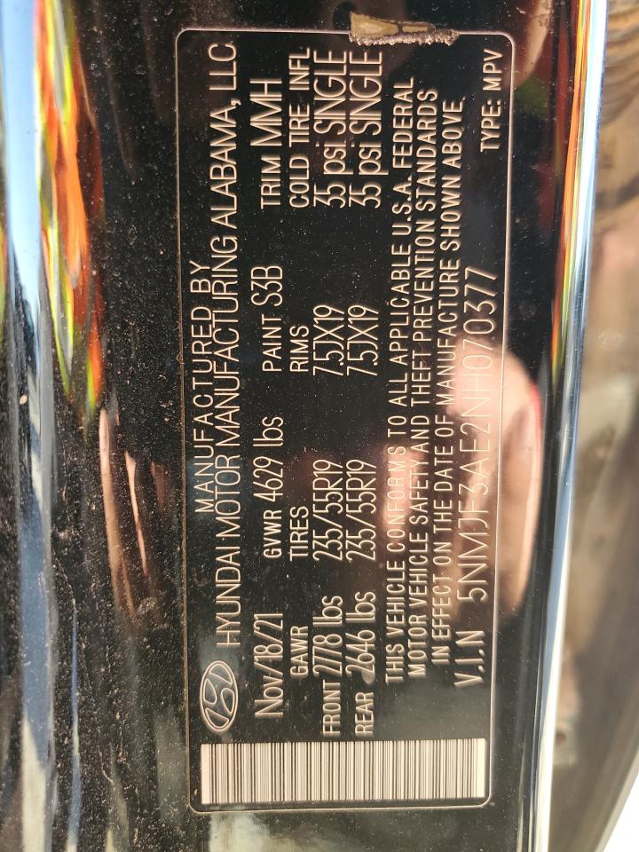 2022 HYUNDAI TUCSON SEL VIN:5NMJF3AE2NH070377