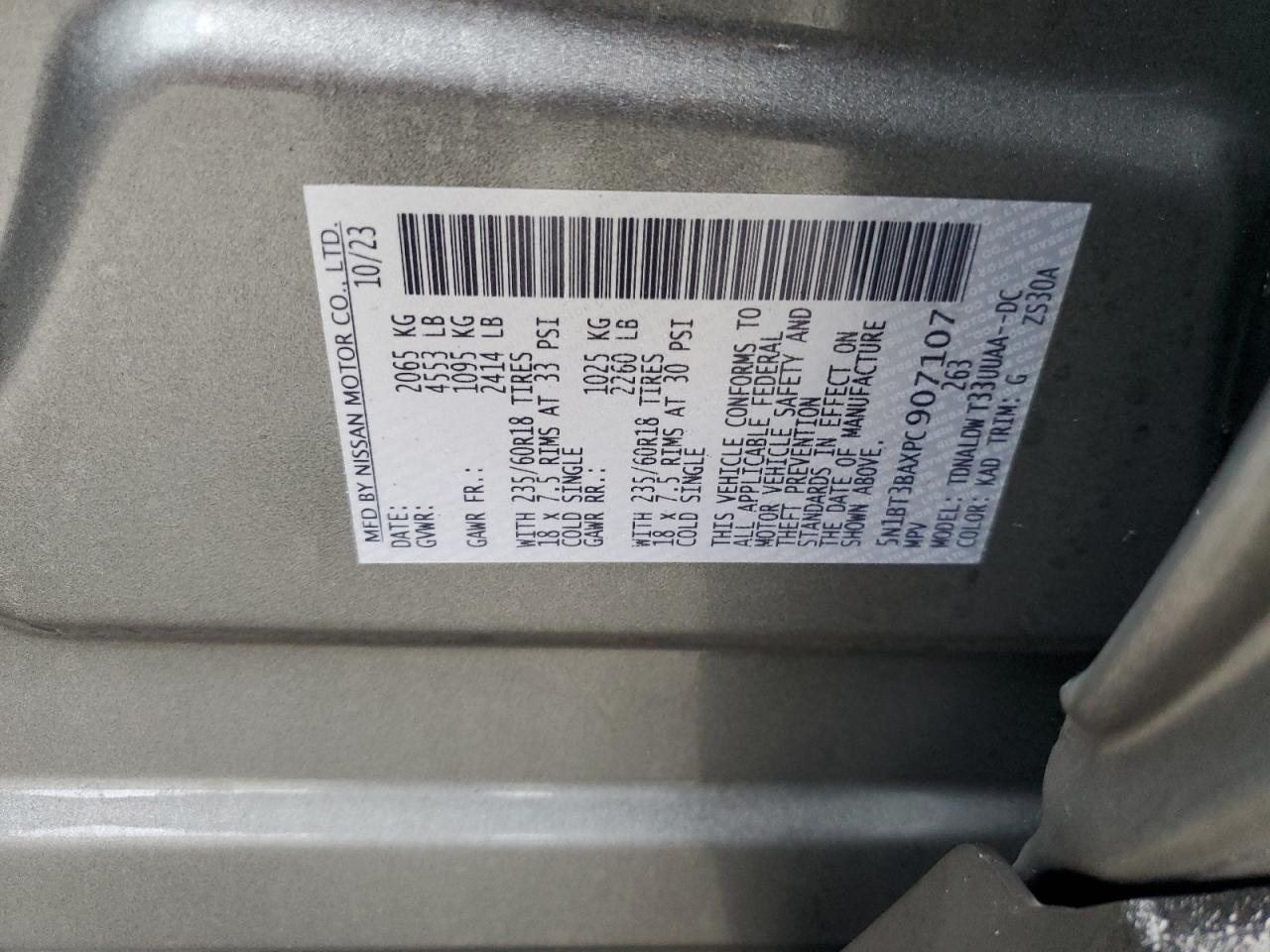 2023 NISSAN ROGUE SV VIN:5N1BT3BAXPC907107