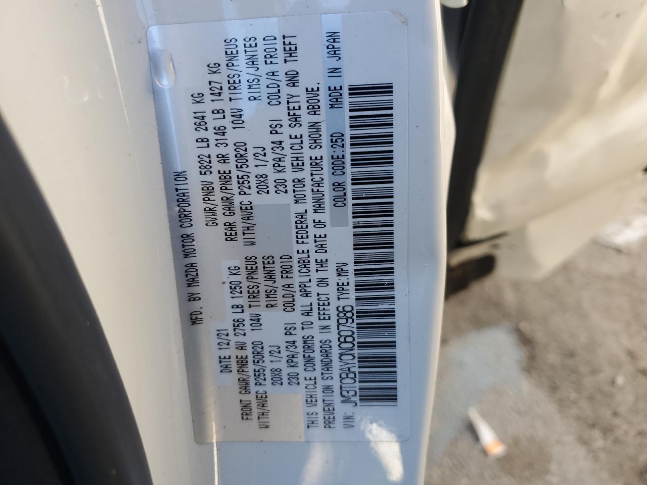 2022 MAZDA CX-9 TOURING PLUS VIN:JM3TCBAY0N0607986