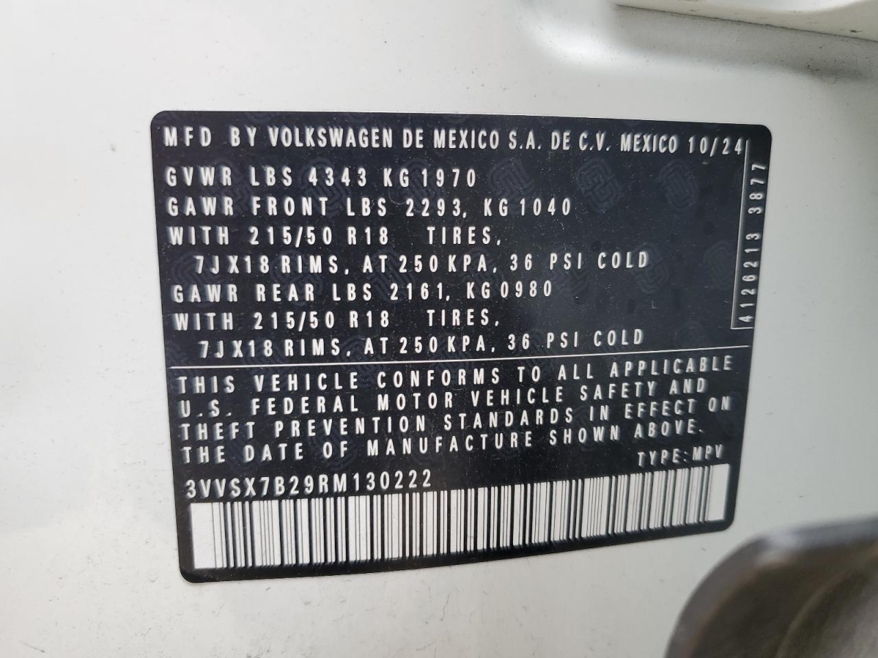 2024 VOLKSWAGEN TAOS SE VIN:3VVSX7B29RM130222