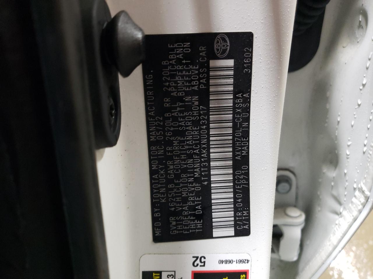 2022 TOYOTA CAMRY NIGHT SHADE VIN:4T1T31AKXNU043217