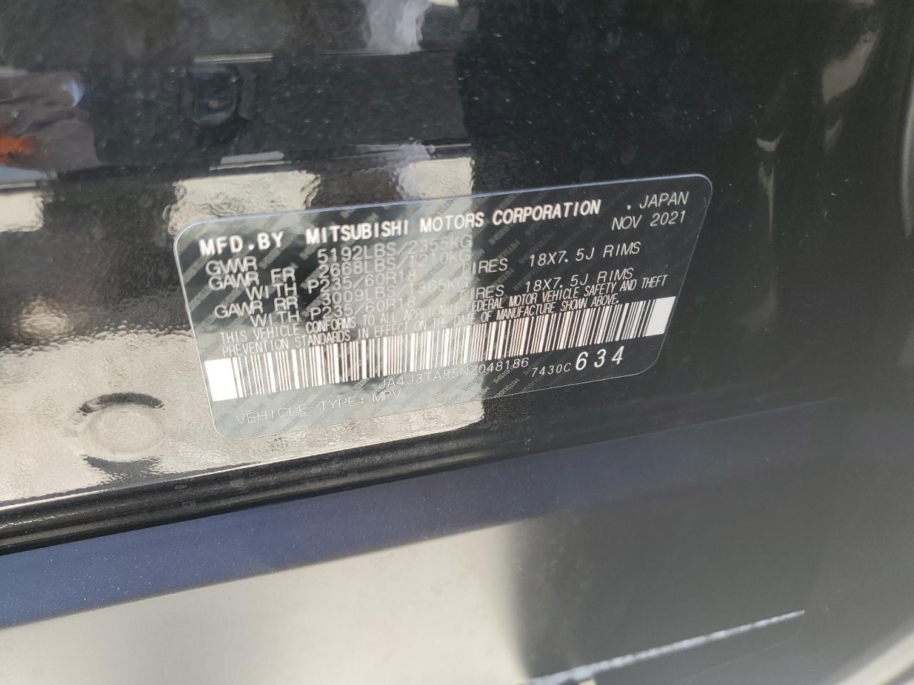 2022 MITSUBISHI OUTLANDER ES VIN:JA4J3TA85NZ048186