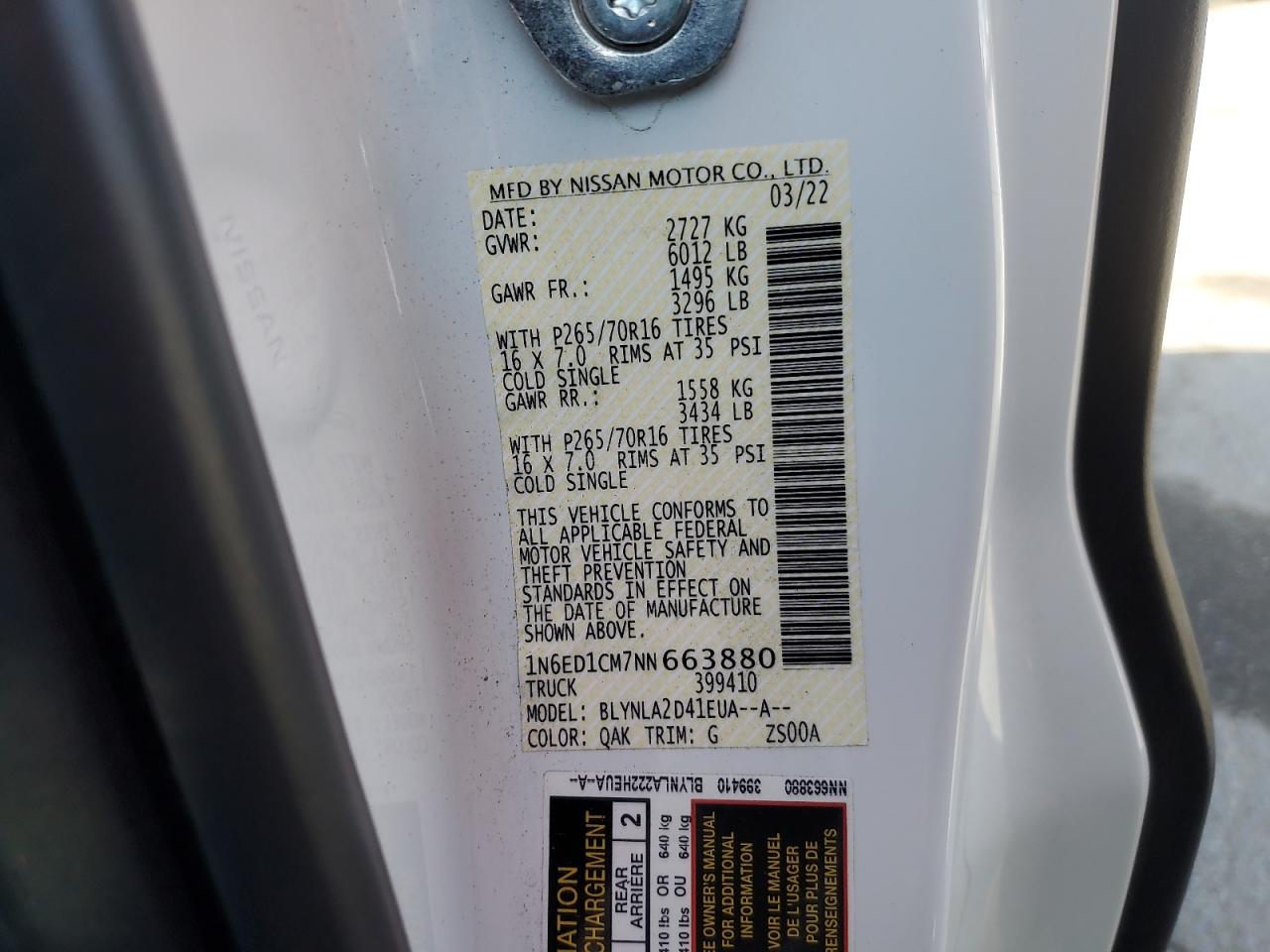 2022 NISSAN FRONTIER S VIN:1N6ED1CM7NN663880