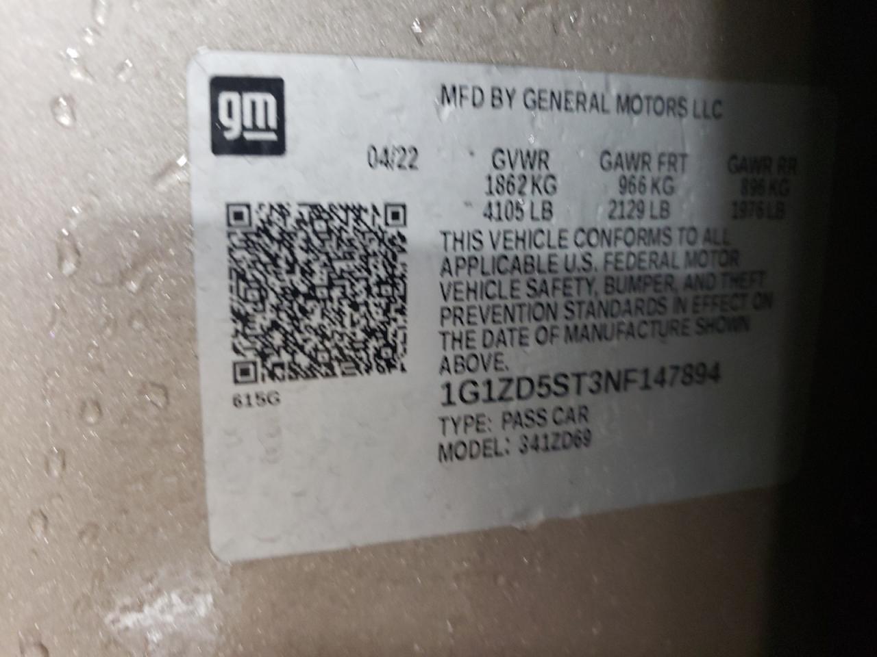 2022 CHEVROLET MALIBU LT VIN:1G1ZD5ST3NF147894