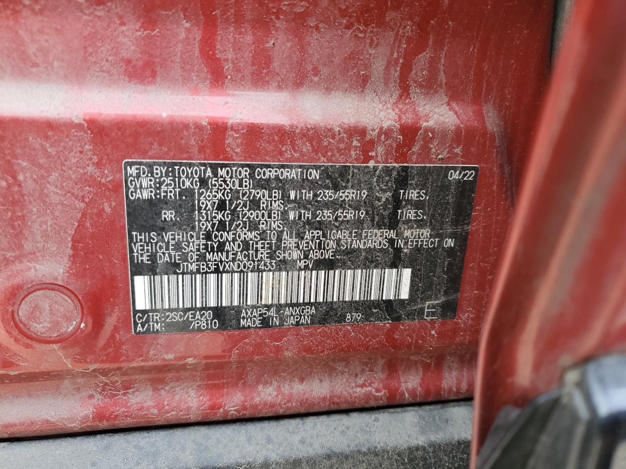 2022 TOYOTA RAV4 PRIME XSE VIN:JTMFB3FVXND091433