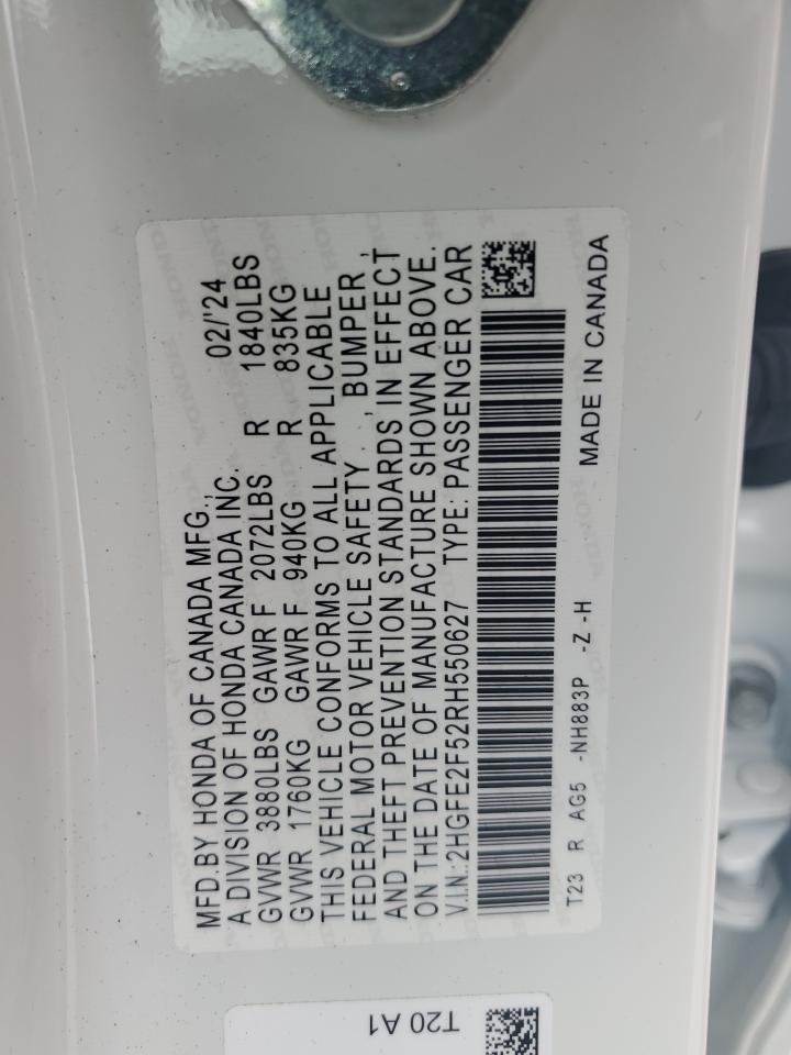 2024 HONDA CIVIC SPORT VIN:2HGFE2F52RH550627